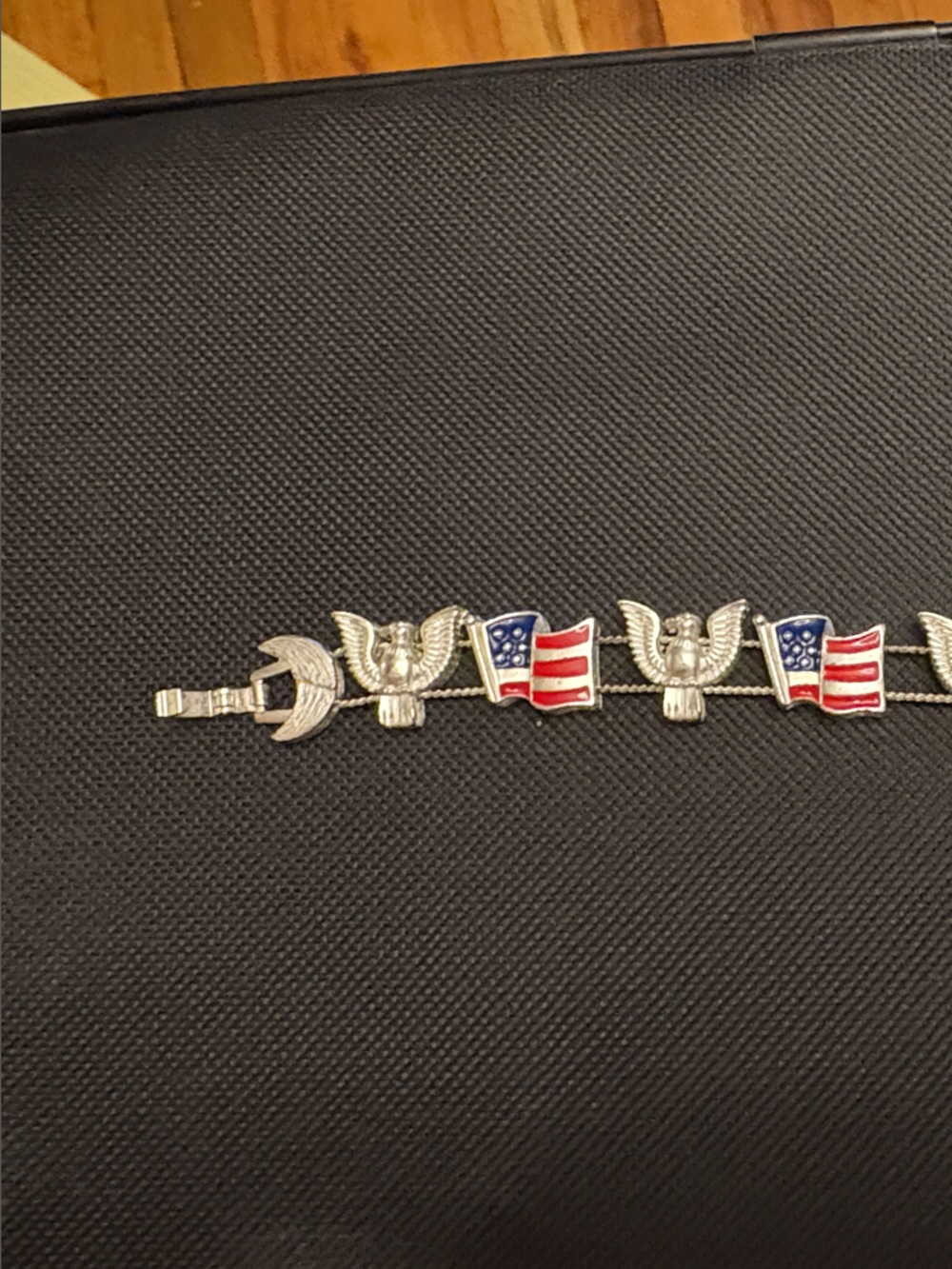Patriotic Eagle & Flag Link Bracelet - Silver Tone Slider with Red & Blue Enamel